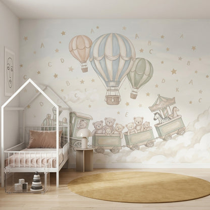 Nursery Wallpaper Hot Air Balloons Toy Train Wall Mural