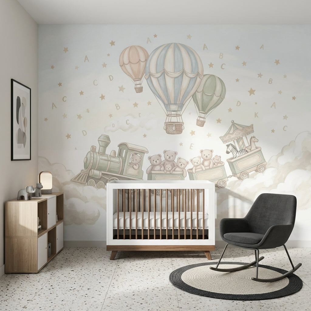 Nursery Wallpaper Hot Air Balloons Toy Train Wall Mural
