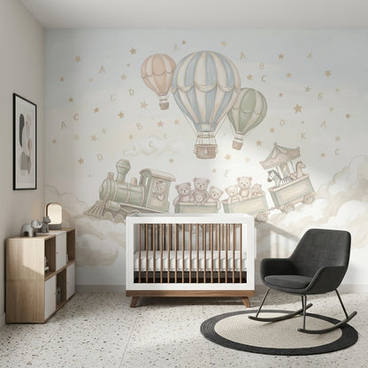Nursery Wallpaper Hot Air Balloons Toy Train Wall Mural
