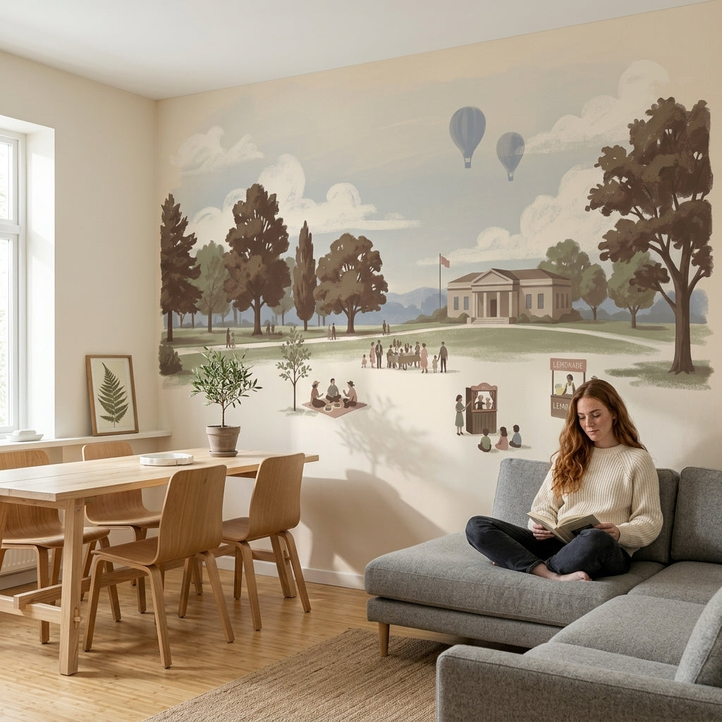 Park Landscape Wallpaper Storybook Illustration Muted Pastel Removable Wall Decor