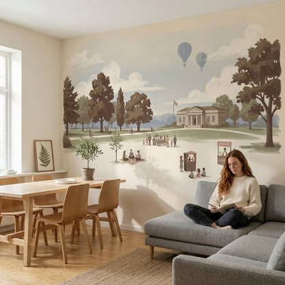 Park Landscape Wallpaper Storybook Illustration Muted Pastel Removable Wall Decor