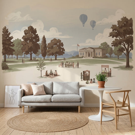 Park Landscape Wallpaper Storybook Illustration Muted Pastel Removable Wall Decor