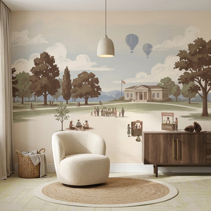 Park Landscape Wallpaper Storybook Illustration Muted Pastel Removable Wall Decor