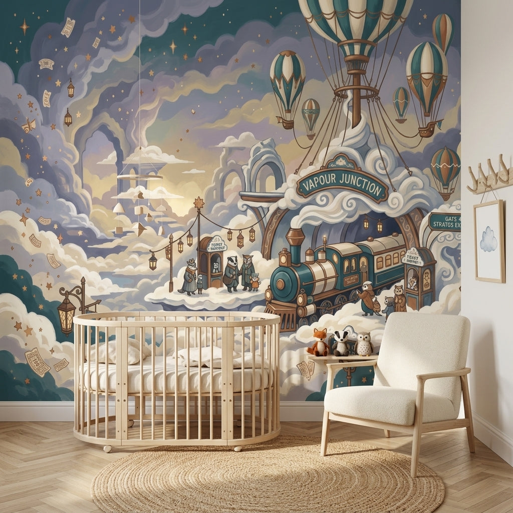 Cloud Train Station Wallpaper Steam Locomotive Removable Hot Air Balloons Wall Decor