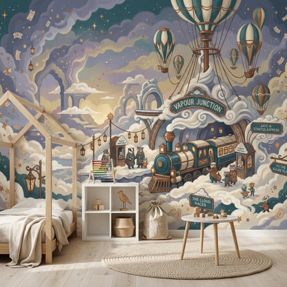 Cloud Train Station Wallpaper Steam Locomotive Removable Hot Air Balloons Wall Decor
