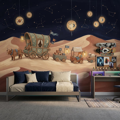 Dark Night Sky Wallpaper Desert Dunes Whimsical Caravan Removable Wall Decor