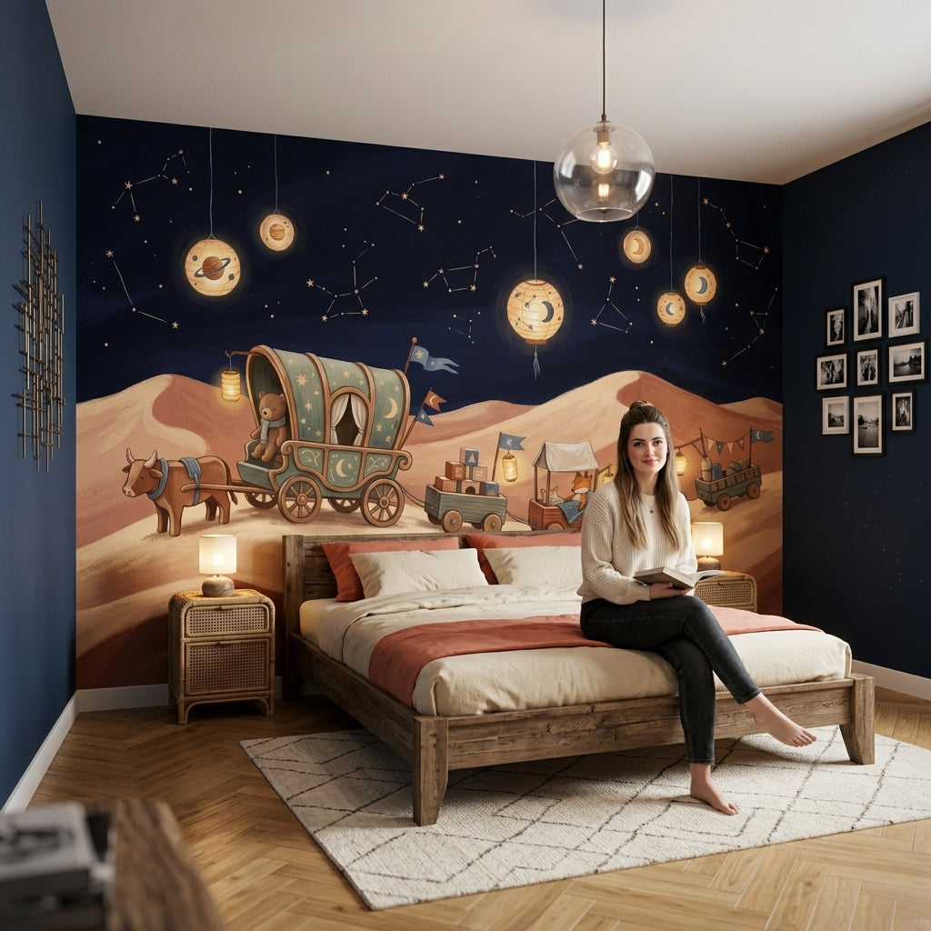 Dark Night Sky Wallpaper Desert Dunes Whimsical Caravan Removable Wall Decor