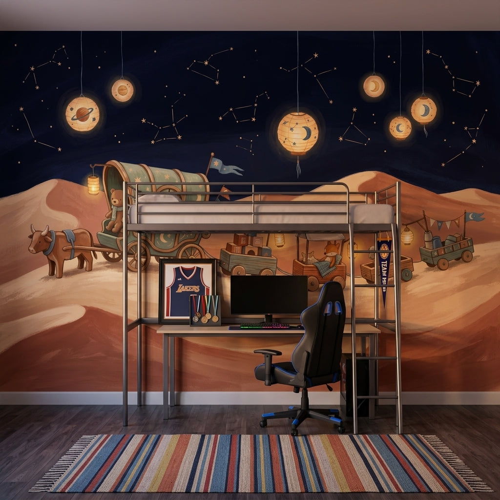 Dark Night Sky Wallpaper Desert Dunes Whimsical Caravan Removable Wall Decor
