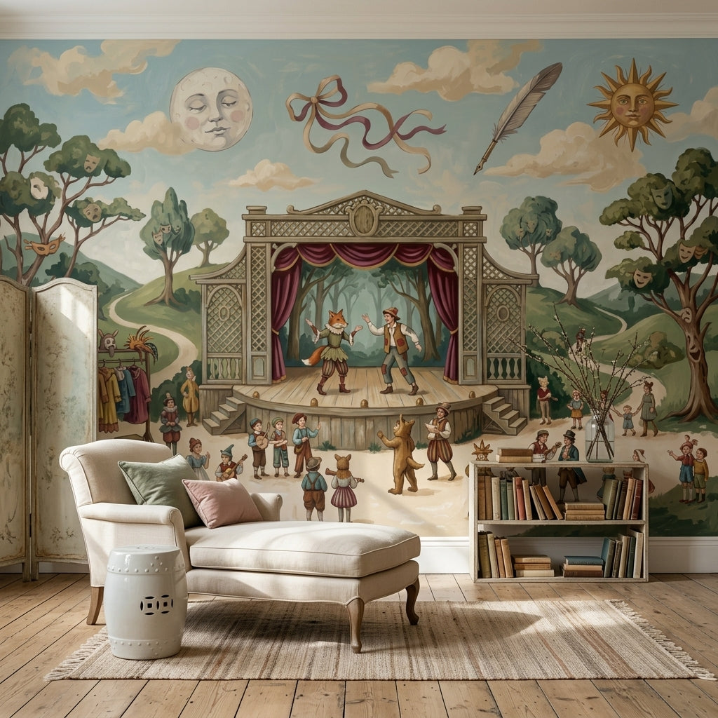 Storybook Theater Wallpaper Outdoor Stage Vintage Illustration Wall Mural