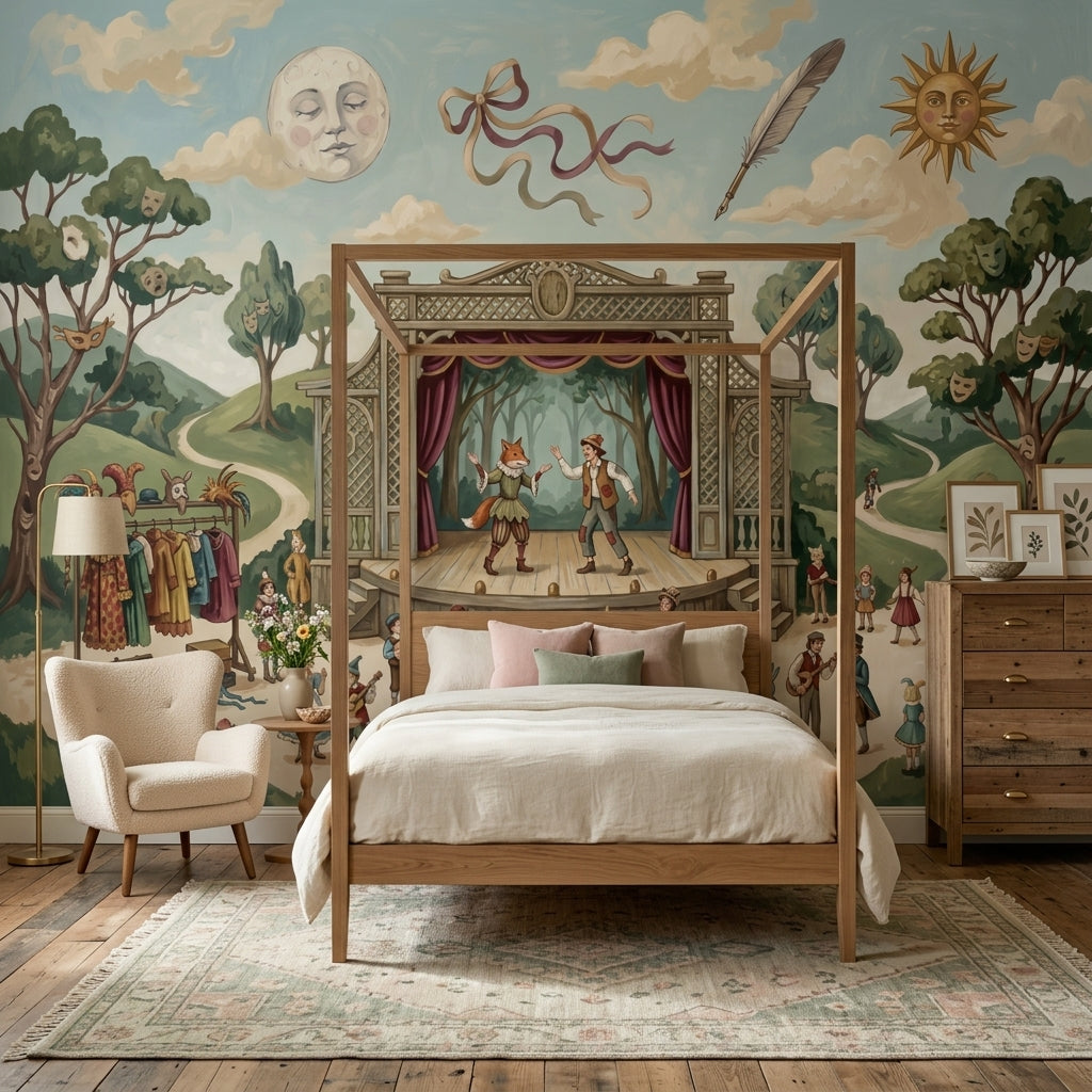 Storybook Theater Wallpaper Outdoor Stage Vintage Illustration Wall Mural