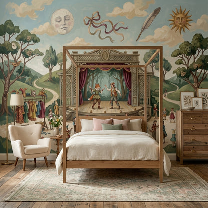 Storybook Theater Wallpaper Outdoor Stage Vintage Illustration Wall Mural