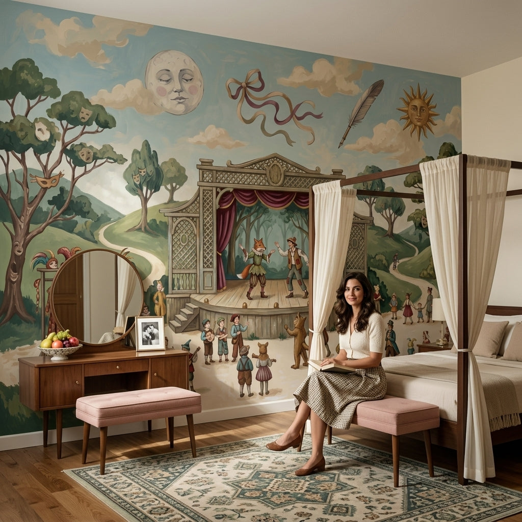 Storybook Theater Wallpaper Outdoor Stage Vintage Illustration Wall Mural