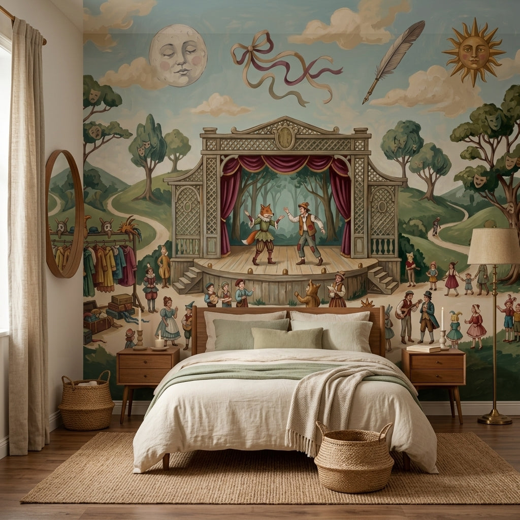 Storybook Theater Wallpaper Outdoor Stage Vintage Illustration Wall Mural