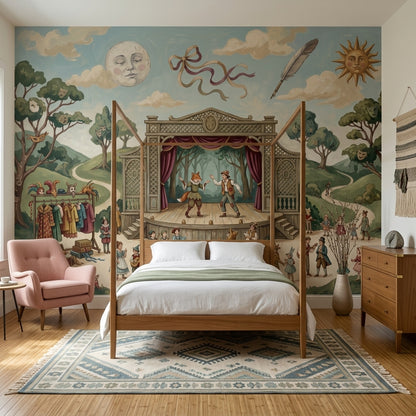 Storybook Theater Wallpaper Outdoor Stage Vintage Illustration Wall Mural