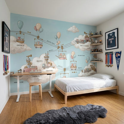 Whimsical Cloud Landscape Wallpaper Sky Delivery Route Map Parcel Post Theme Removable Wall Decor