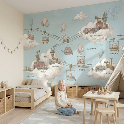 Whimsical Cloud Landscape Wallpaper Sky Delivery Route Map Parcel Post Theme Removable Wall Decor