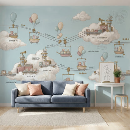 Whimsical Cloud Landscape Wallpaper Sky Delivery Route Map Parcel Post Theme Removable Wall Decor