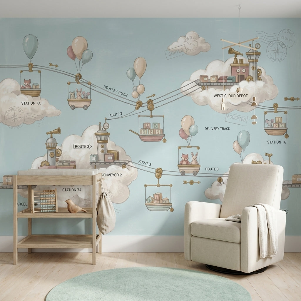Whimsical Cloud Landscape Wallpaper Sky Delivery Route Map Parcel Post Theme Removable Wall Decor