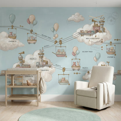 Whimsical Cloud Landscape Wallpaper Sky Delivery Route Map Parcel Post Theme Removable Wall Decor