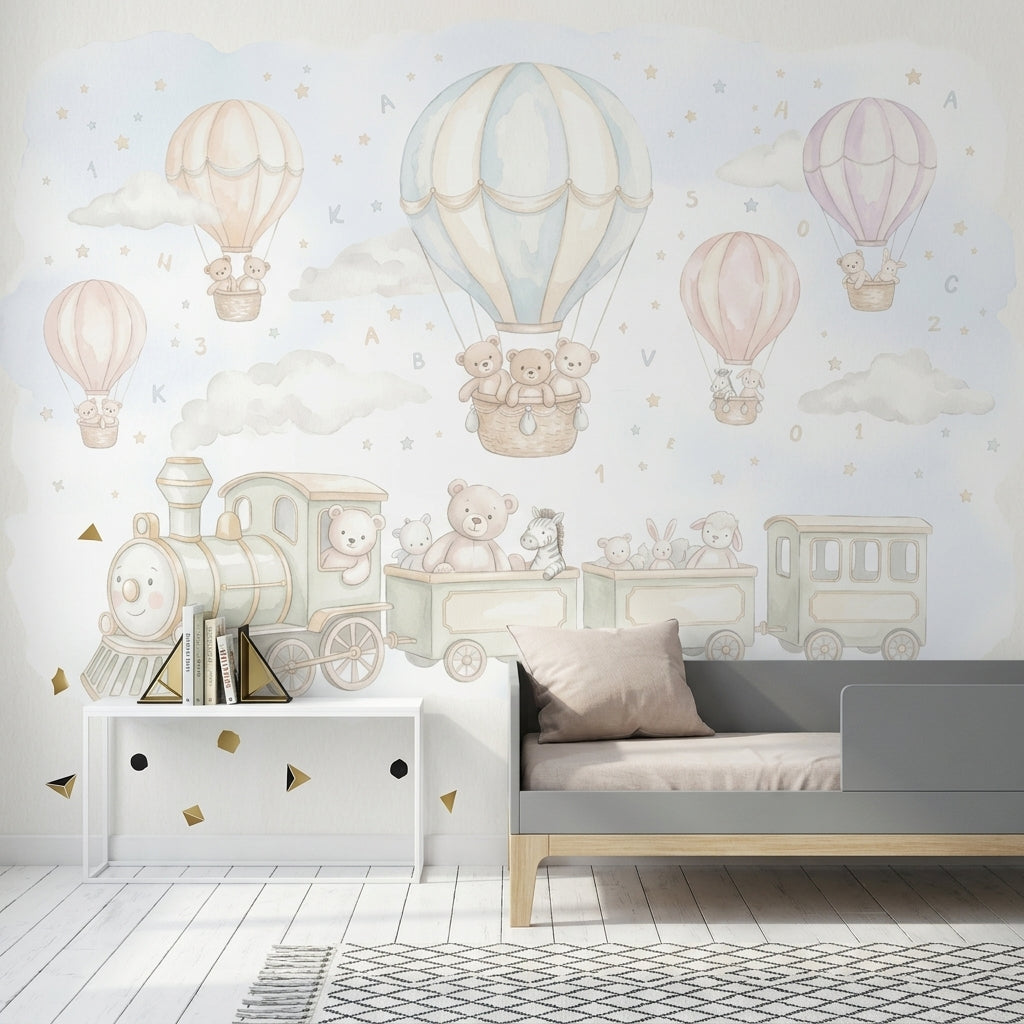 Hot Air Balloons Wallpaper Teddy Bears Removable Toy Train Wall Decor