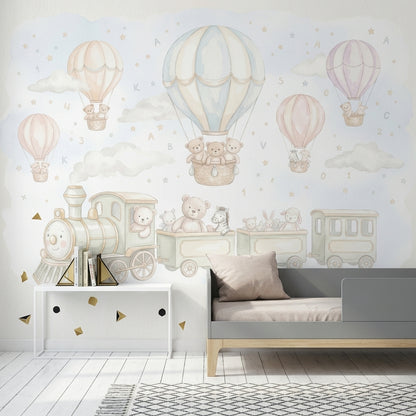 Hot Air Balloons Wallpaper Teddy Bears Removable Toy Train Wall Decor