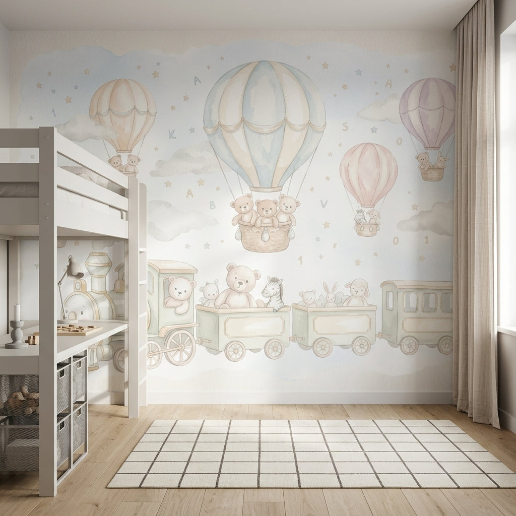 Hot Air Balloons Wallpaper Teddy Bears Removable Toy Train Wall Decor
