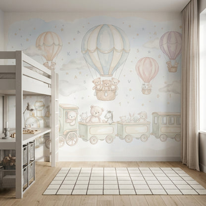 Hot Air Balloons Wallpaper Teddy Bears Removable Toy Train Wall Decor