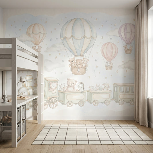 Hot Air Balloons Wallpaper Teddy Bears Removable Toy Train Wall Decor