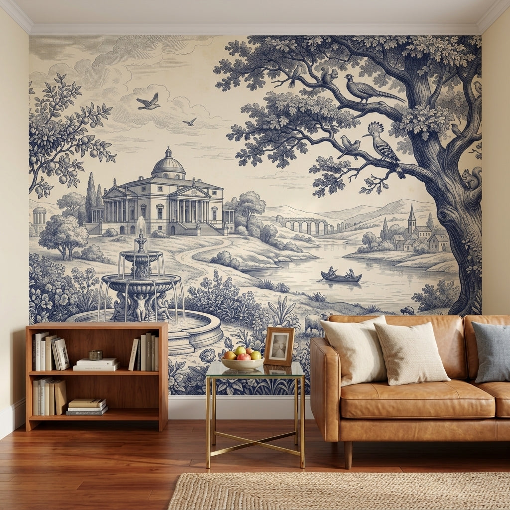 Blue Toile Wallpaper Pastoral Landscape Neoclassical Villa Wall Mural