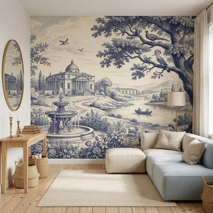 Blue Toile Wallpaper Pastoral Landscape Neoclassical Villa Wall Mural