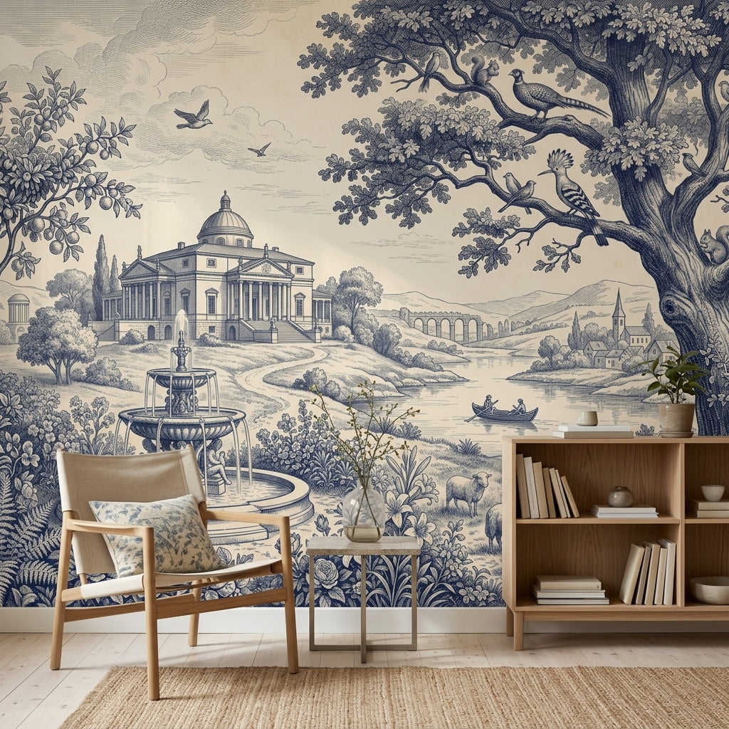 Blue Toile Wallpaper Pastoral Landscape Neoclassical Villa Wall Mural