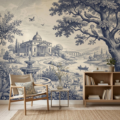 Blue Toile Wallpaper Pastoral Landscape Neoclassical Villa Wall Mural