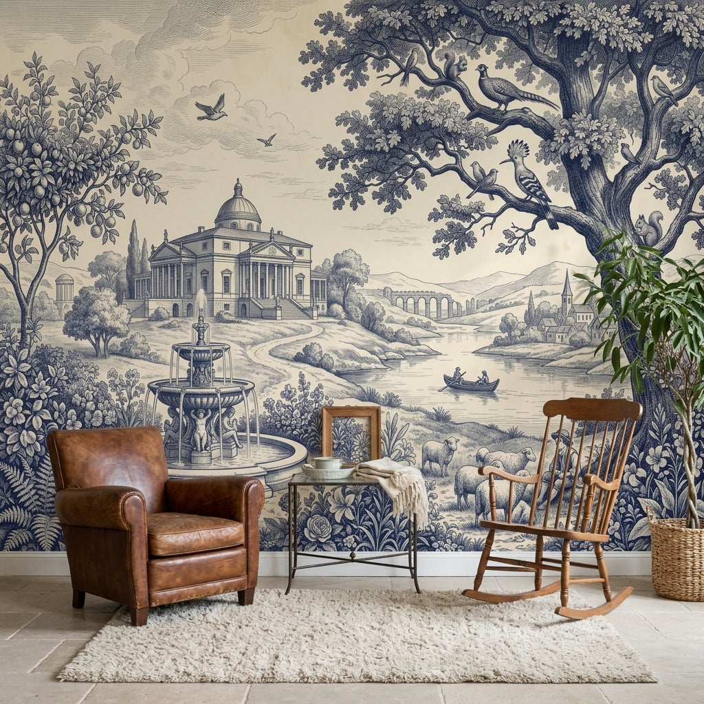 Blue Toile Wallpaper Pastoral Landscape Neoclassical Villa Wall Mural