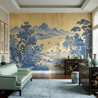 Blue And White Wallpaper East Asian Landscape Pagoda Pavilion Removable Wall Decor