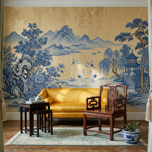Blue And White Wallpaper East Asian Landscape Pagoda Pavilion Removable Wall Decor