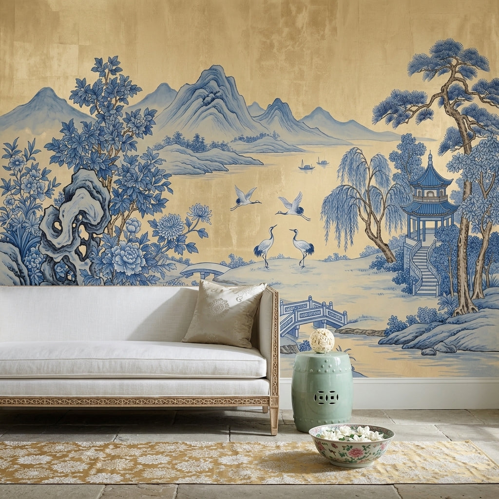 Blue And White Wallpaper East Asian Landscape Pagoda Pavilion Removable Wall Decor