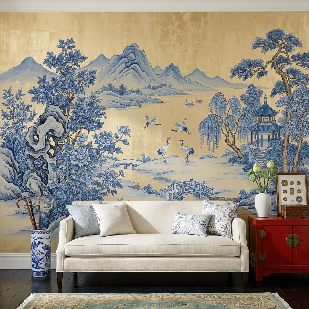 Blue And White Wallpaper East Asian Landscape Pagoda Pavilion Removable Wall Decor