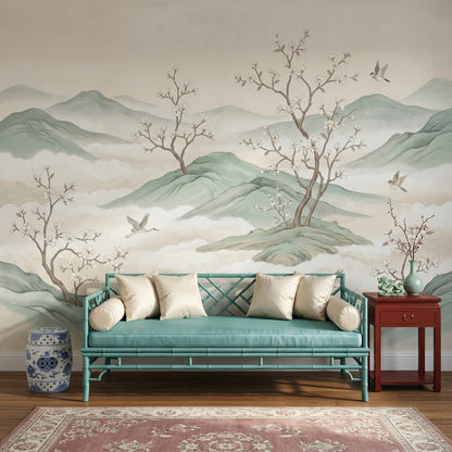 Misty Mountains Wallpaper Sage Green Cherry Blossom Branches Wall Mural