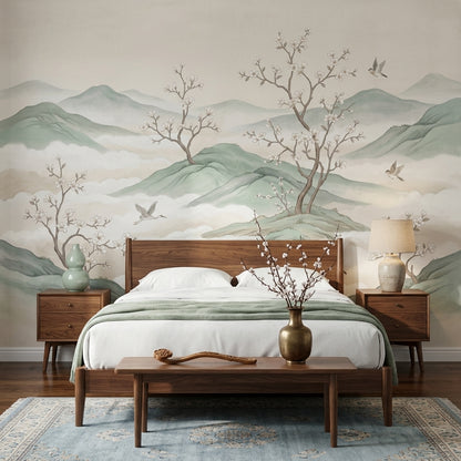 Misty Mountains Wallpaper Sage Green Cherry Blossom Branches Wall Mural