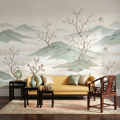 Misty Mountains Wallpaper Sage Green Cherry Blossom Branches Wall Mural
