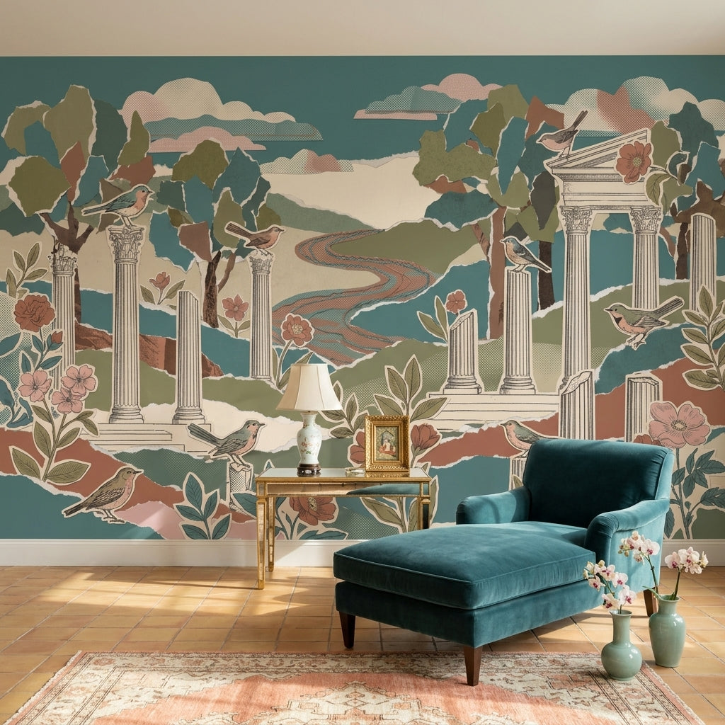 Scenic Landscape Wallpaper Temple Ruins Removable Birds Wall Decor