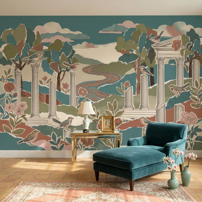 Scenic Landscape Wallpaper Temple Ruins Removable Birds Wall Decor