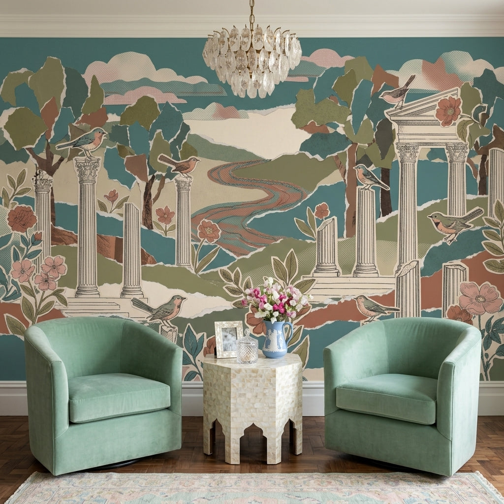 Scenic Landscape Wallpaper Temple Ruins Removable Birds Wall Decor
