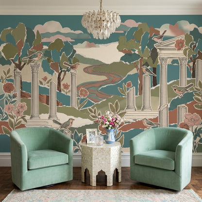 Scenic Landscape Wallpaper Temple Ruins Removable Birds Wall Decor