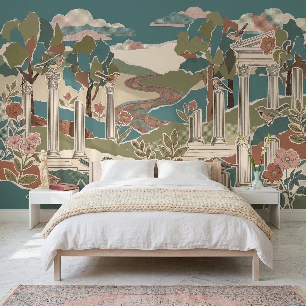 Scenic Landscape Wallpaper Temple Ruins Removable Birds Wall Decor