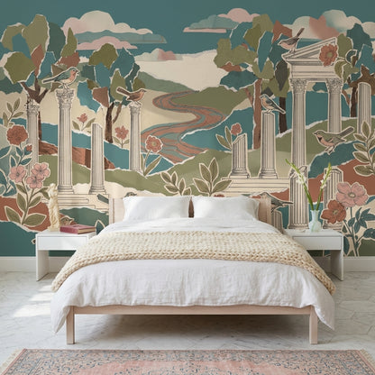 Scenic Landscape Wallpaper Temple Ruins Removable Birds Wall Decor