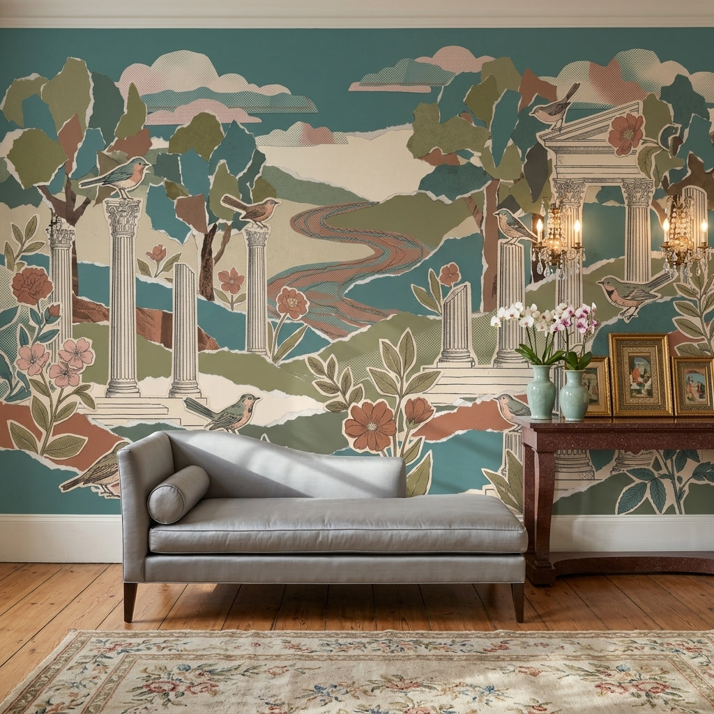 Scenic Landscape Wallpaper Temple Ruins Removable Birds Wall Decor