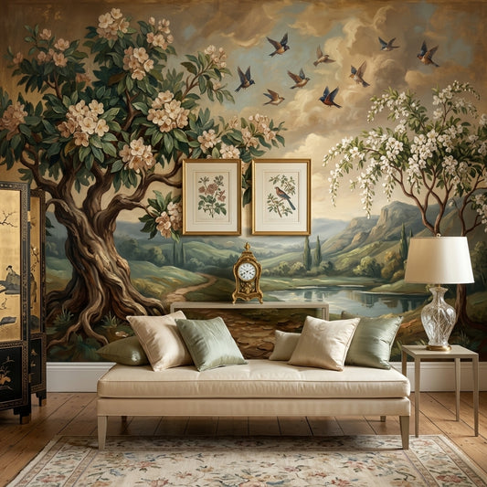 Vintage Landscape Wallpaper Flowering Trees Removable Pastoral Countryside Wall Decor