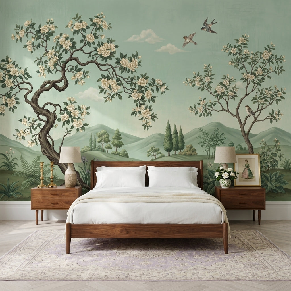 Green Landscape Mural Wallpaper Floral Blossoming Trees Birds In Flight Removable Wall Decor