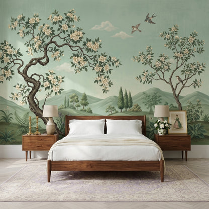 Green Landscape Mural Wallpaper Floral Blossoming Trees Birds In Flight Removable Wall Decor